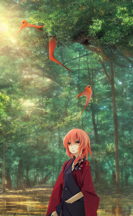 Prompt: girl and a crane in japanese pines, trading card front, kimono, realistic anatomy, cosplay photo, professional, by ufotable anime studio, green screen, volumetric lights, stunning, sun in the background, generate realistic face, pretty eyes