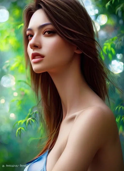 Image similar to photo of a gorgeous female in the style of stefan kostic, realistic, half body shot, sharp focus, 8 k high definition, insanely detailed, intricate, elegant, art by stanley lau and artgerm, extreme bokeh foliage