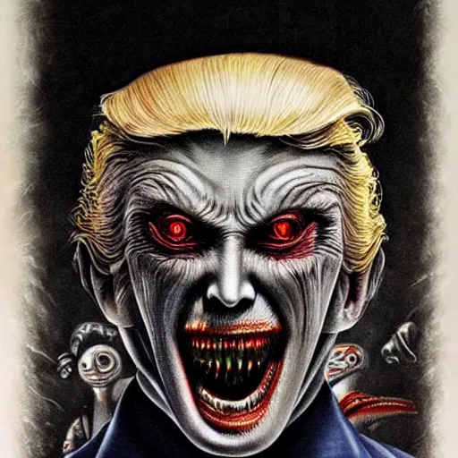 Image similar to alien donald trump, sharp teeth, by h. r. giger, nightmare fuel, nightmarish, intricate, highly detailed, optical illusion, president donald trump