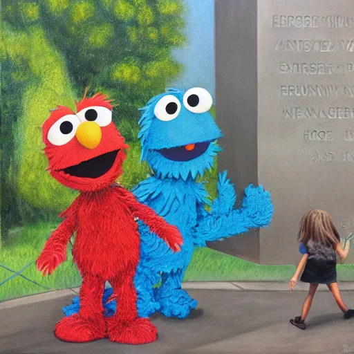 Image similar to Sesame Street characters at the Vietnam War Memorial, realistic, oil painting, by Russell Drysdale