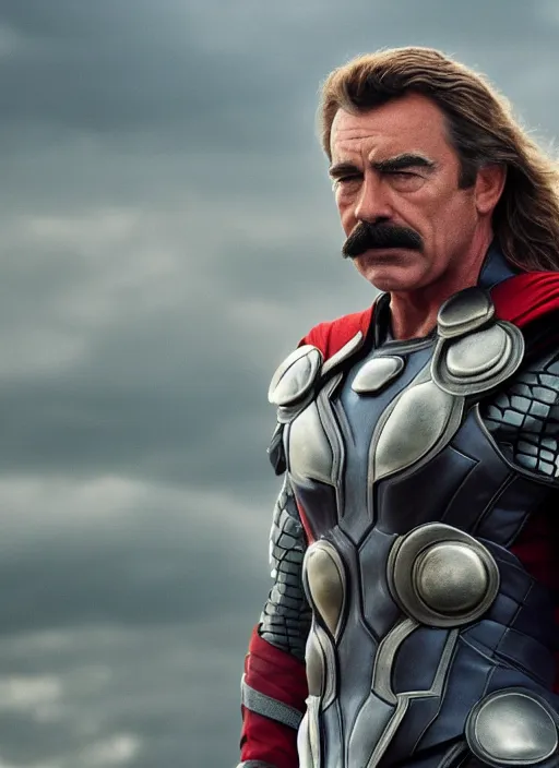 Prompt: film still of tom selleck as thor in thor, 4 k