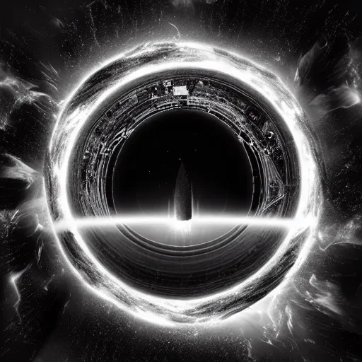 Prompt: png logo of black hole rising above city, city destroyed by shockwave, black hole with accretion disс, digital art, vector logo, sticker, black and white, art by stefan koidl, brock hofer, marc simonetti
