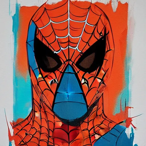 Image similar to Spiderman in orange and turquoise painted by Conrad Roset, detailed brushstrokes