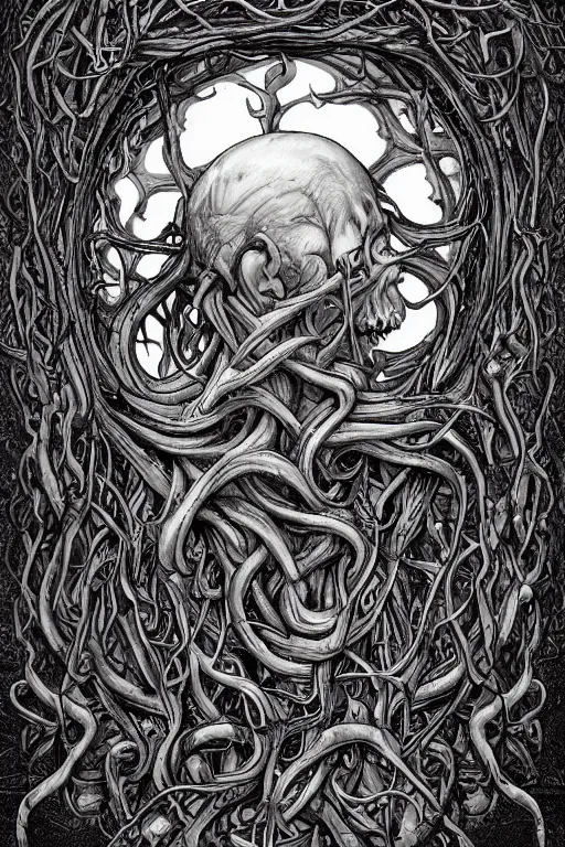 Image similar to centered horrifying detailed side view profile portrait of a insane, crazed, mad old bald zombie, cthulhu, eldritch abomination, dunwitch horror, ornate tentacles growing around, ornamentation, thorns, vines, tentacles, elegant, beautifully soft lit, full frame, 8 k by wayne barlowe, peter mohrbacher, kelly mckernan, h r giger