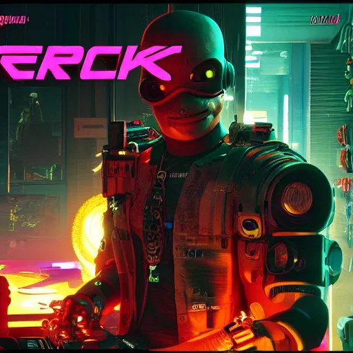 Image similar to cyborg cybernetic pepe frog makes appearance in Cyberpunk 2077. CP2077. 3840 x 2160