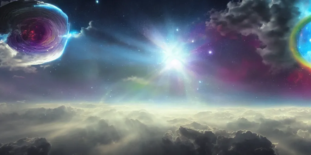 Prompt: Cosmic inflation bubbles peaking through the clouds, ascended master floating in the center emitting rays of consciousness concept art, matte painting, 8k, highly detailed, artstation, light being, high quality,
