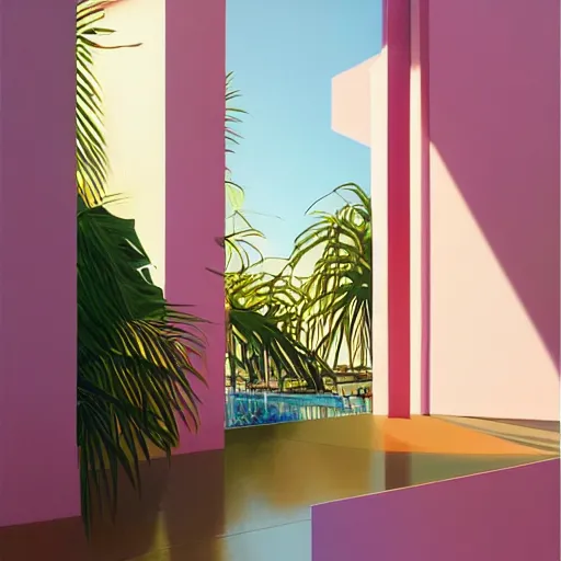 Image similar to indoor liminal space, golden light, peter tarka, palm trees, pink door, minimalistic, hyperrealistic surrealism, award winning masterpiece with incredible details, epic stunning, infinity pool mirrors, a surreal vaporwave liminal space with mirrors, highly detailed, trending on artstation, artgerm and greg rutkowski and alphonse mucha, daily deviation