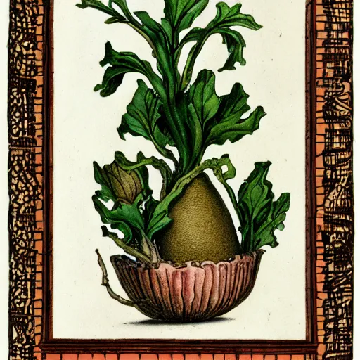 Prompt: fantasy mandrake root, in the ornamented porcelain pot, in the style of botanical illustration