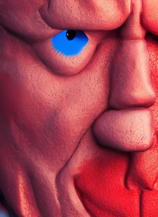 Image similar to a close up of red donald trumps face with blue eyes, an album cover by jacob toorenvliet, featured on behance, cubo - futurism, rendered in cinema 4 d, sketchfab, rendered in maya, red shift, synthwave, by enguerrand quarton, by alesso baldovinetti, 3 d render, holography,