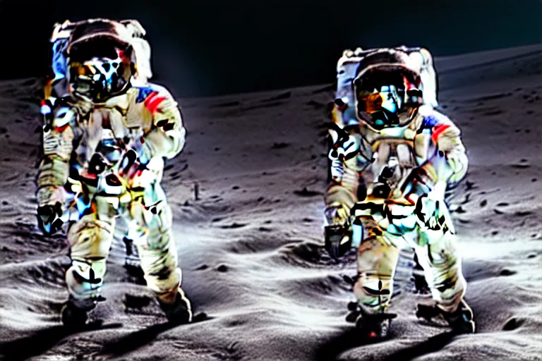 Image similar to still photo of astronaut in a space suit walking on the surface of moon, highly detailed, photorealistic portrait, bright studio setting, studio lighting, crisp quality and light reflections, unreal engine 5 quality render