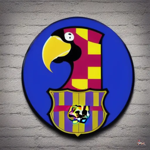 Prompt: Digital painting of a parrot painting the FC Barcelona logo onto a wall with a stalk of bamboo dipped in paint.