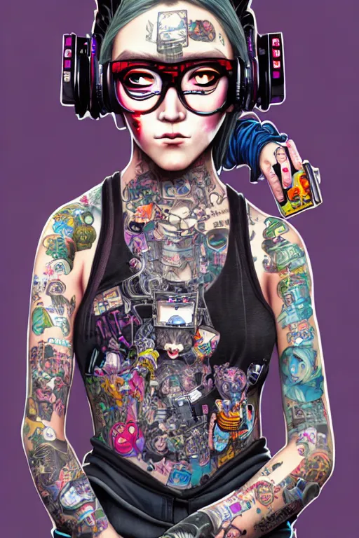 Image similar to full view, from a distance, of anthropomorphic trashcan who is cyberpunk girl with tattoos playing video games, style of yoshii chie and hikari shimoda and martine johanna, highly detailed