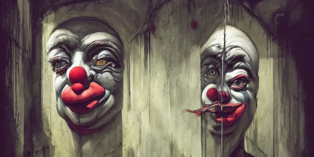 Prompt: a clown portrait in cloistered alleyway dreaming of a circus, in the style of peter mohrbacher by weta digital and francis bacon, high face symmetry, intricate, masterpiece, award winning, high face symmetry, intricate