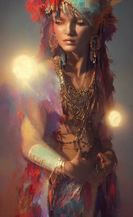 Image similar to Gypsy queen, volumetric lighting, digital painting, highly detailed, artstation, sharp focus, illustration, concept art, ruan jia, steve mccurry