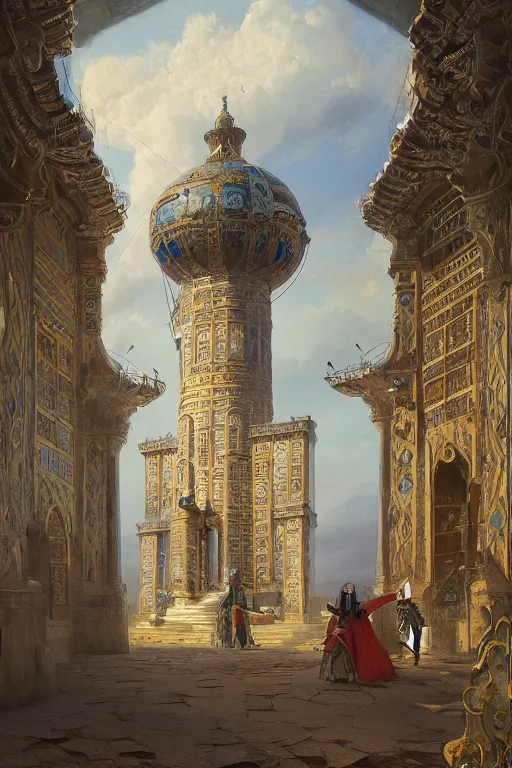 Image similar to glorious painted tower of the sun and stars by Ludwig Deutsch and Rudolf Ernst and tyler edlin, dramatic cinematic lighting , beautiful colorful tilework, ornate architecture, smooth, sharp focus, extremely detailed