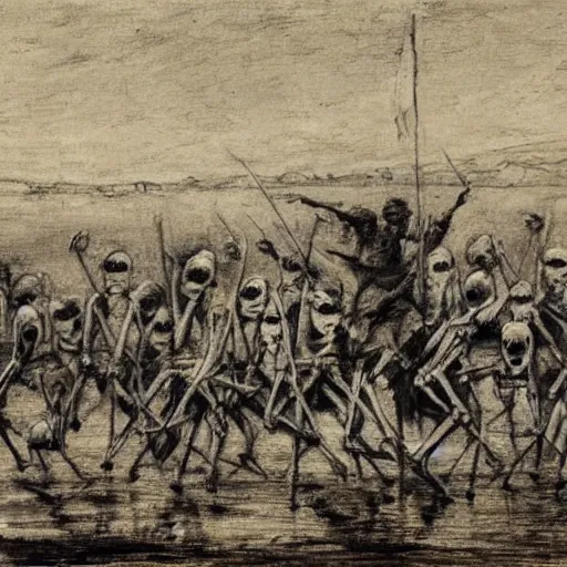 Image similar to an army of skeletons rising from a river by alfred stevens, charcoal