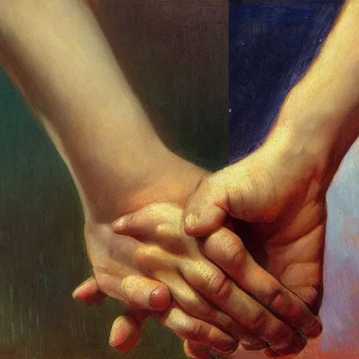 Image similar to Shaking hands, vertical symmetry, close up shot, detailed hands, beautiful moody artwork by Ilya Repin and Asher Duran