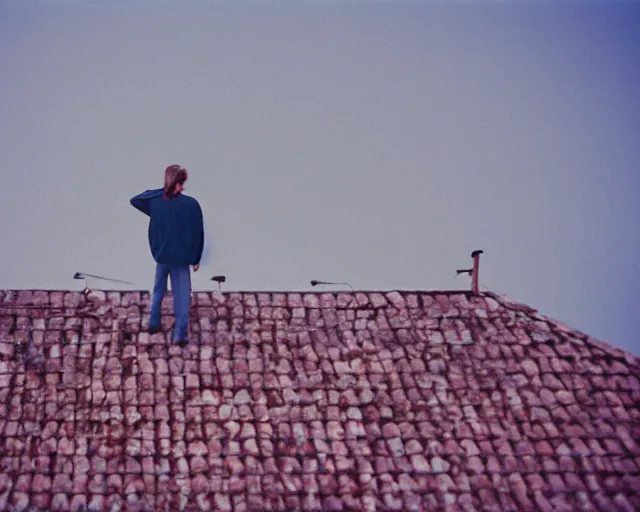 Image similar to lomo photo of man standing on the roof of soviet hrushevka, small town, cinestill, bokeh, out of focus