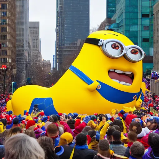 Image similar to photo of giant muscular minion parade float in the macys thanksgiving parade, detailed 4 k photo