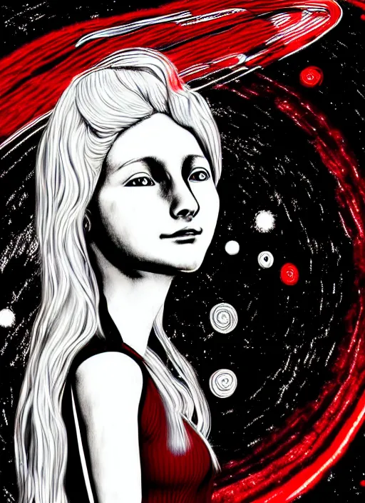 Prompt: highly detailed portrait of a hopeful pretty astronaut lady with a wavy blonde hair, by Edvard Munch, 4k resolution, nier:automata inspired, bravely default inspired, vibrant but dreary but upflifting red, black and white color scheme!!! ((Space nebula background))