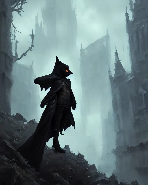 Prompt: oil painting of Anthropomorphized dark Fox thief, wearing dark cloak, holding bag, mischievous look, sharp focus, fantasy style, octane render, volumetric lighting, 8k high definition, by greg rutkowski, highly detailed, trending on art Station, magic the gathering artwork, dark steampunk city backround, centered