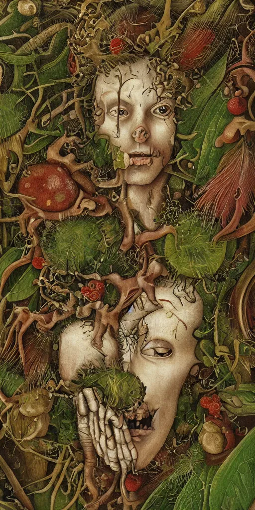 Prompt: portrait of a teenage zombie dissolving in a field of foliage, botanicals, fruit and feathers, highly detailed, fantasy art, in the style of hieronymous bosch, cartoonish, whimsical