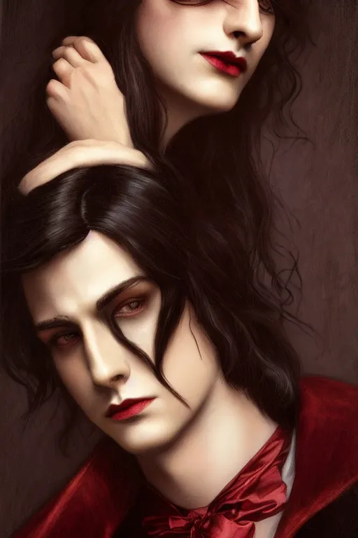 Image similar to a beautiful androgynous man, long thick dark hair, deep brown eyes, vampire, dressed in velvet, wearing a ruby pendant, illustration, dramatic lighting, soft details, painting oil on canvas, art nouveau, octane render, HDR, 4k, 8k, HD, by Edmund Blair Leighton, Brom, Charlie Bowater, faces by otto schmidt