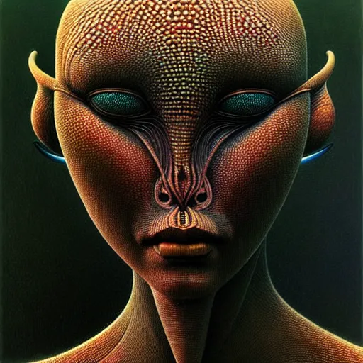 Image similar to ultra realist soft painting of a single attractive alien female, black scales, very intricate details, artstyle Zdzisław Beksiński, award winning