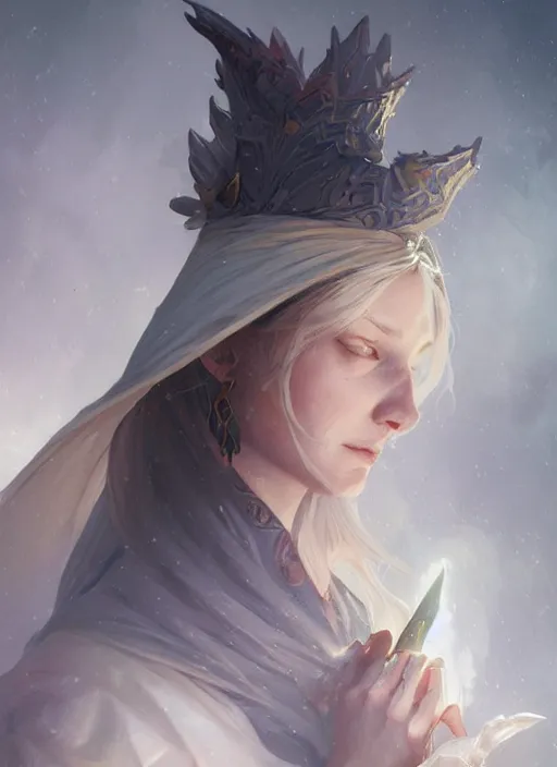 Prompt: female wizard, pale, fantasy, D&D, portrait, highly detailed, digital painting, artstation, concept art, sharp focus, illustration, art by artgerm and greg rutkowski and alphonse mucha