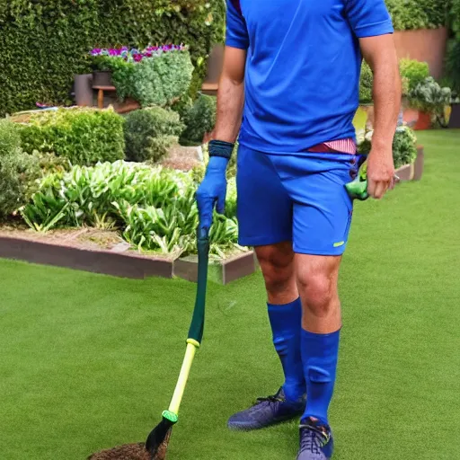 Image similar to high quality photograph of Xavi Hernandez as a professional gardener posing for camera