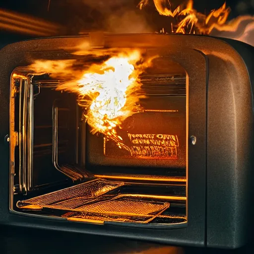 Image similar to toaster oven hanging by metallic cables, symmetry, dark messy smoke - filled cluttered workshop, dark, dramatic lighting, orange tint, sparks, cinematic, highly detailed, sci - fi, futuristic, movie still