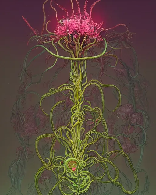 Prompt: scientific botanical illustration of beautiful alien plants with glowing parts, with slimy tentacles, trending on artstation, by james jean and simon stalenhag and zdzisław beksinski