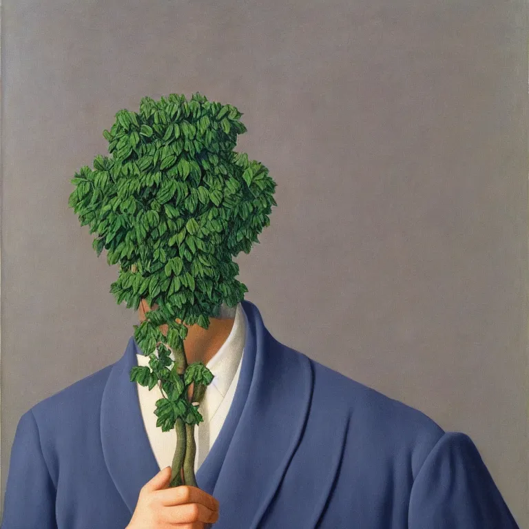 Image similar to portrait of a man, beautiful flowers replaced his head, by rene magritte, detailed painting, hd, hq, high resolution, high detail, 4 k, 8 k