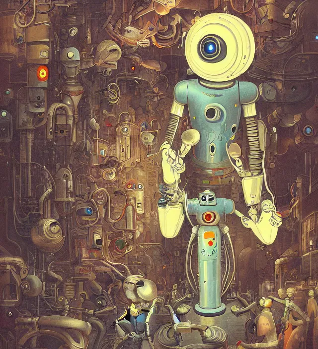 Prompt: anthropomorphic robot working endlessly as a salve inside a hell digital world, being observed by an infinite amount of human beings, vintage soft grainy, in the style of Oscar chichoni and Peter mohrbacher and Dawid planet