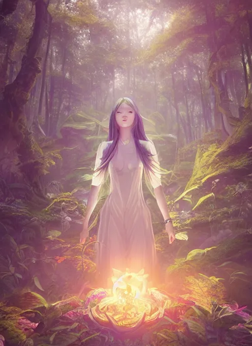 Prompt: breathtaking portrait of fantasy sorceress bright temple surrounded by lush forest meadow, by Hsiao-Ron Cheng and James jean and Miho Hirano and Hayao Miyazaki, octane render, RPG portrait, ambient light, dynamic lighting