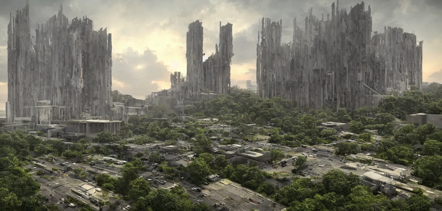 Image similar to an extremely detailed cathedral of brutalist architecture, surrounded by lush green vegetation, stunning volumetric lighting, sunset, rusted metal, concrete, translucent material, stunning skies, scattered rubbish and debris, 8k, photorealistic, hyper detailed, unreal engine 5, IMAX quality, cinematic, epic lighting, digital painting in the style of DOOM and Quake, by Greg Rutkowski, trending on Artstation
