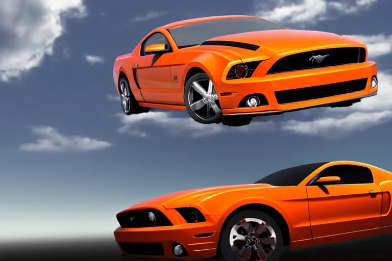 Image similar to a photo hyperrealistic spaceship flying in universe made out of bright orange Ford Mustang