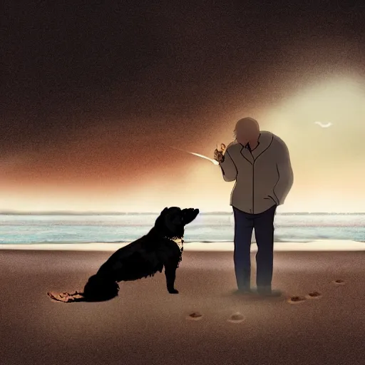 Image similar to dog smoking marijuana with owner on the beach, watching the world end, dynamic lighting, fantasy art, High contrast, depth of field