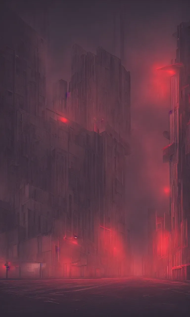 Prompt: Matte painting of dark brutalist cathedral with red neon signs, abandoned streets, cityscape, dark sky, hyper realism, fog, 8k, trending on artstation