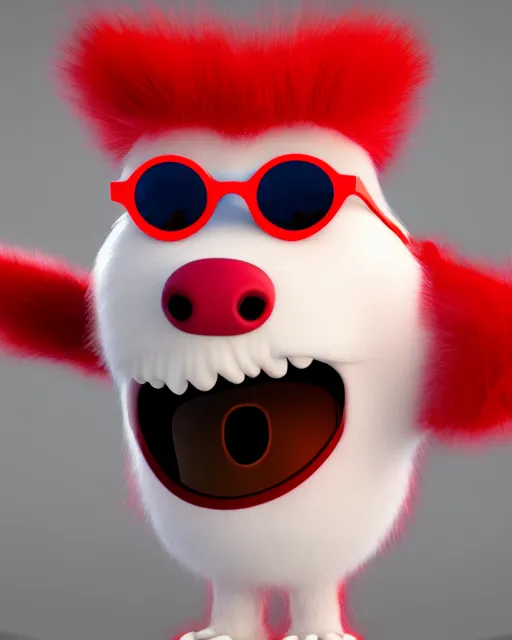 Prompt: 3 d render of completely red hairy friendly antropomorphic cartoony creature wearing white ray - ban shades, full body, simple, smiling with no nose, cute, white background, unreal engine 5 hdr