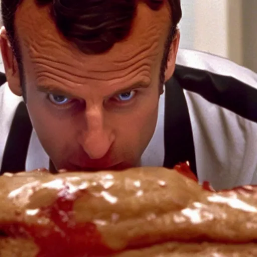 Prompt: Emmanuel Macron cooking fresh bloody meat in American Psycho (1999)