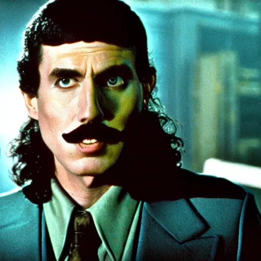 Prompt: Weird al Yankovic with his mustache as Rick Deckard on blade runner 1982, smiling, wide angle lens, movie still, in color, movie frame, detailed face, symmetrical face, 4k