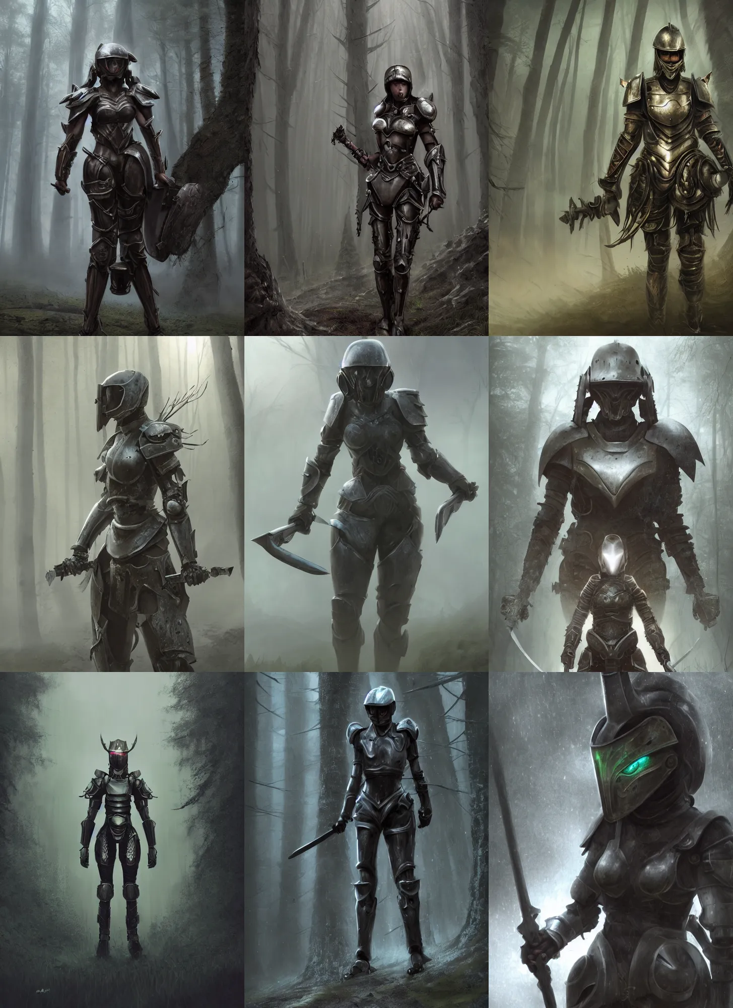 Prompt: a matte painting, a helmeted female warrior, wearing battle worn mechanical armor, wielding twin swords, misty forest, the forest plains of north yorkshire, good value control, concept art, digital painting, sharp focus, symmetrical, single character full body, 4k, illustration, glowing eyes, rule of thirds, centered, moody colors, moody lighting, atmospheric