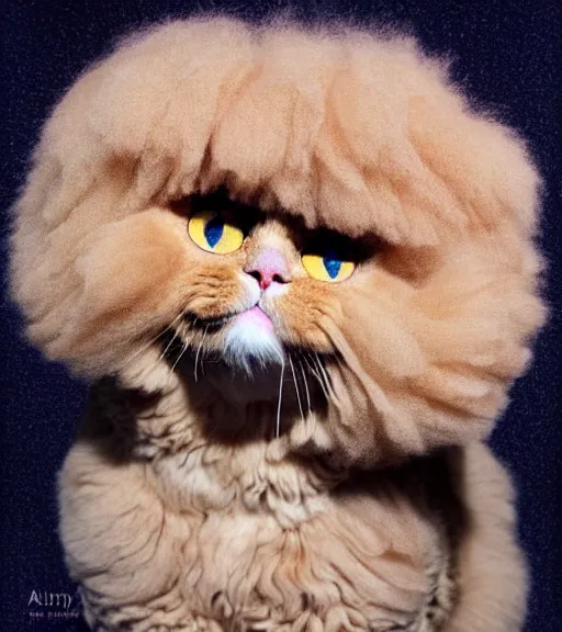 Image similar to fluffy groomed selkirk rex cat portrait, glorious and loving, by betsy walton, kenneth blom, mental alchemy, james jean, pablo amaringo, contemporary art, hyper detailed