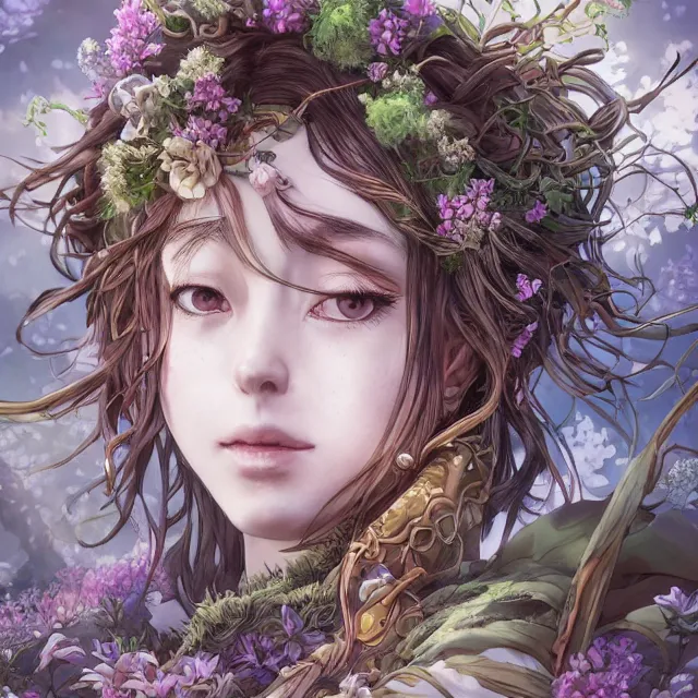 Image similar to the portrait of chaotic good female druid botanist as absurdly beautiful, gorgeous, elegant, young anime girl, an ultrafine hyperdetailed illustration by kim jung gi, irakli nadar, intricate linework, sharp focus, bright colors, octopath traveler, final fantasy, unreal engine 5 highly rendered, global illumination, radiant light, detailed and intricate environment