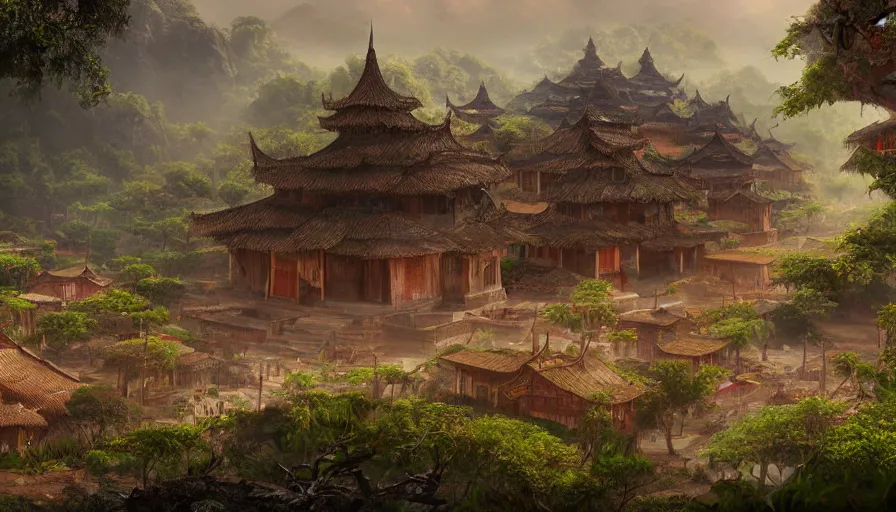 Image similar to matte painting of a beautiful tai yai village, digital art, trending on artstation