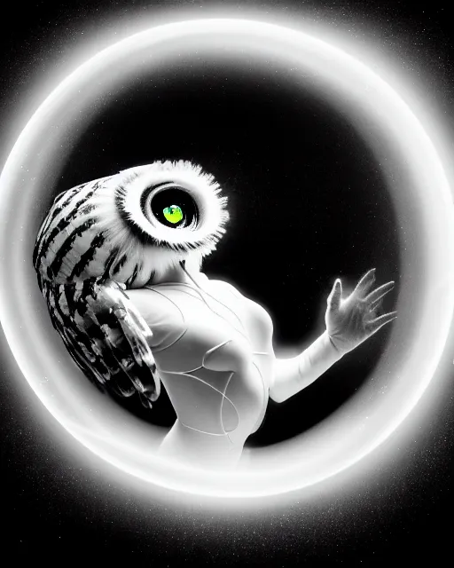 Prompt: black and white lithography of a young beautiful delicate translucent luminous cyborg - owl giving birth to the new world in a bubble, inspired by michelangelo, spiritual, halo, glory, rim light, cinematic, studio dramatic light, poetic, surreal mythical dreamy dark artistic masterpiece, octane render, 8 k, photo