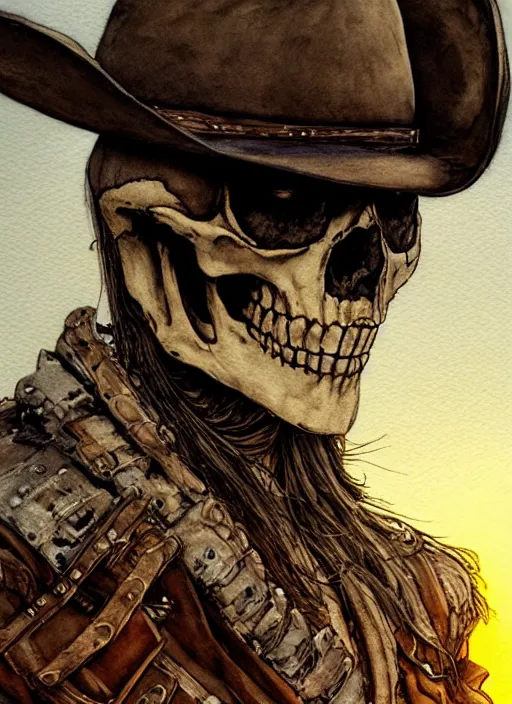 Image similar to portrait, A wounded skeleton cowboy watching the sunset, watercolor, dramatic lighting, cinematic, establishing shot, extremely high detail, foto realistic, cinematic lighting, pen and ink, intricate line drawings, by Yoshitaka Amano, Ruan Jia, Kentaro Miura, Artgerm, post processed, concept art, artstation, matte painting, style by eddie mendoza, raphael lacoste, alex ross