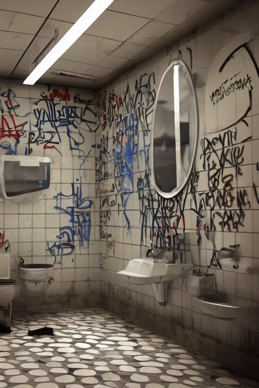 Prompt: interior of public restroom with multiple cabins, after a war battle, graffiti on walls, broken tiles, broken lightbulbs toilets with scratches, roaches, mess. toilet paper everywhere pixar disney 4 k 3 d render animation movie oscar winning trending on artststion and behance. oscar award winning.