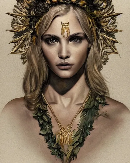 Image similar to realism tattoo sketch of beautiful super model aphrodite greek goddess wearing a gold laurel wreath and triangle earrings,, beautiful piercing gaze with sharp pupils, beautiful blonde hair, in the style of greg rutkowski, fantasy, amazing detail, epic, elegant, smooth, sharp focus, front view